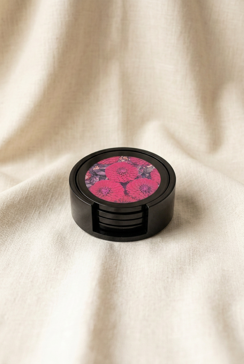 Round coaster set with matching ivory linen background