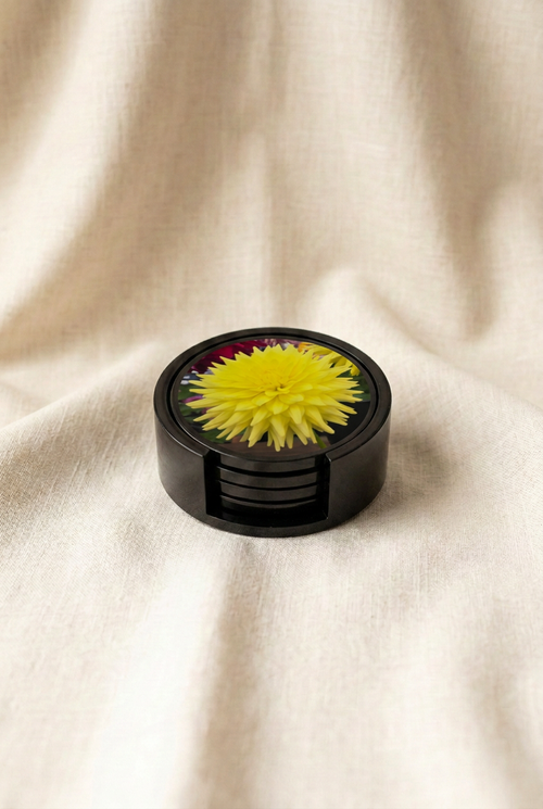 Round coaster set with yellow dahlia on the top coaster