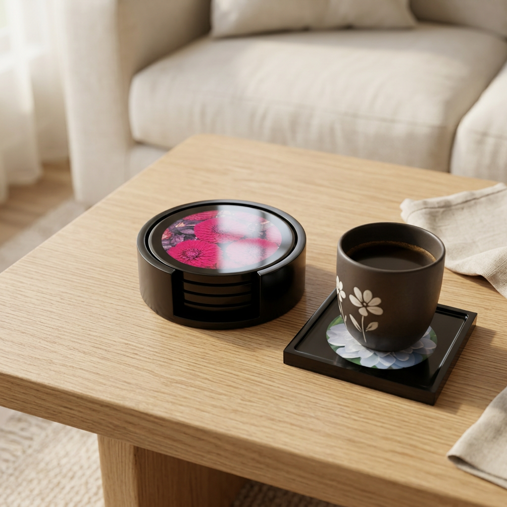Round resin coaster set beside coffee on the white-flower coaster