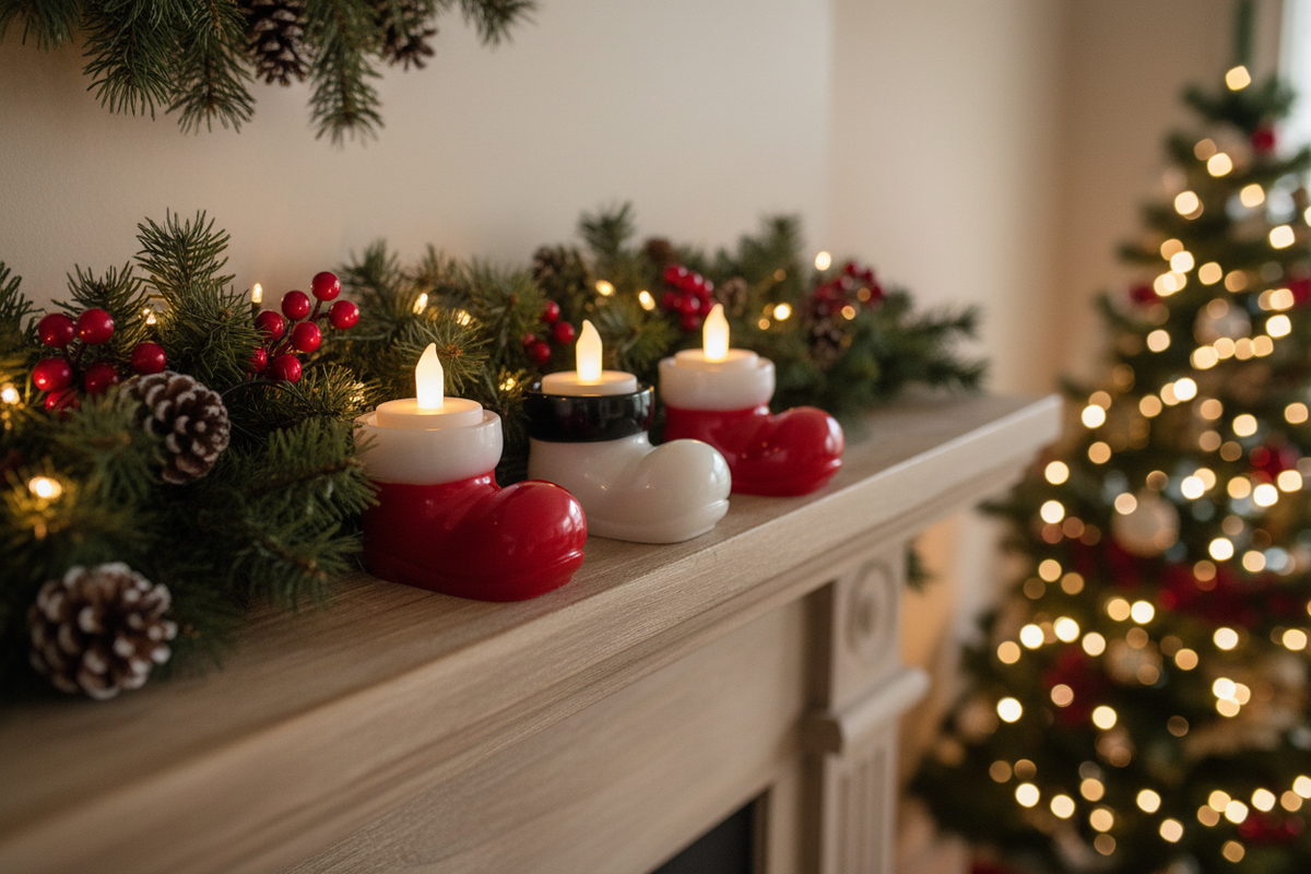Santa Boot Votive Holders - Fireplace Mantle Lifestyle