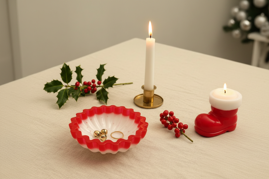 Scalloped Bowl and Santa Boot Votive Holiday Scene