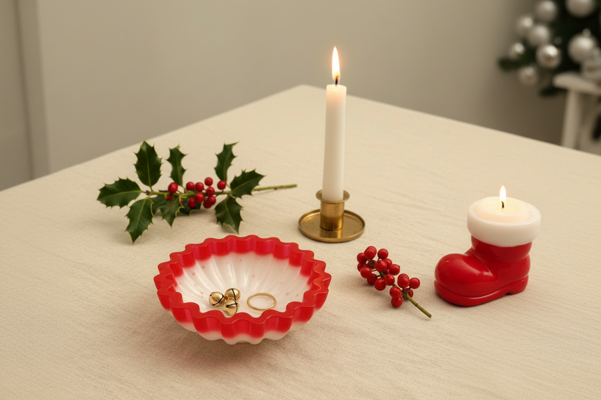 Scalloped Bowl and Santa Boot Votive Holiday Scene