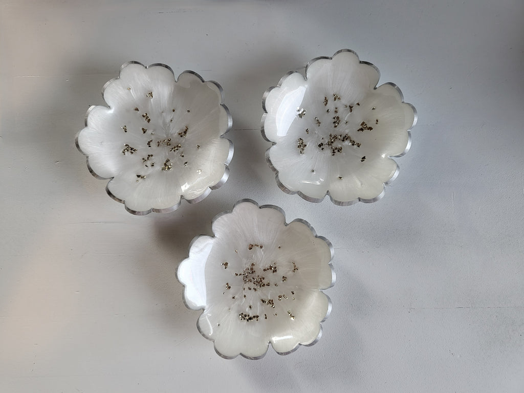 Flower Trinket Dish — White & Silver Glitter-set of 3 | Unique Gift Idea