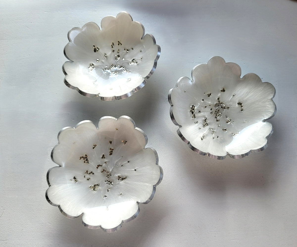 Flower Trinket Dish — White & Silver Glitter-set of 3 | Unique Gift Idea