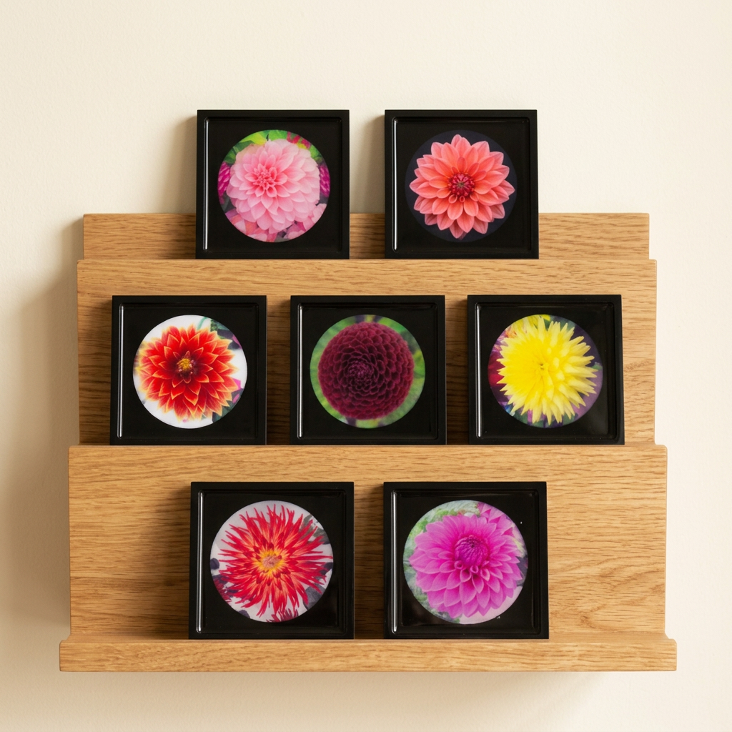 Seven floral coasters arranged on a tiered wood shelf