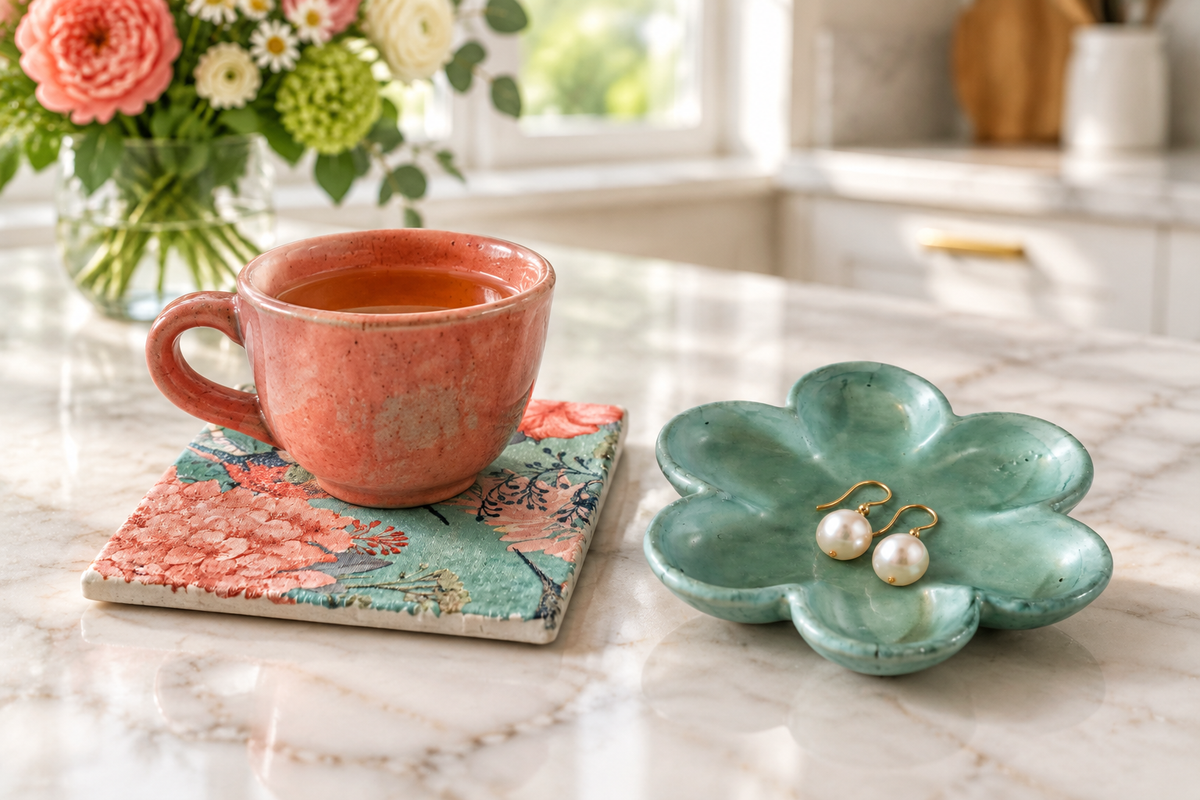 Side-view green coaster and trinket dish on a marble kitchen island with flowers