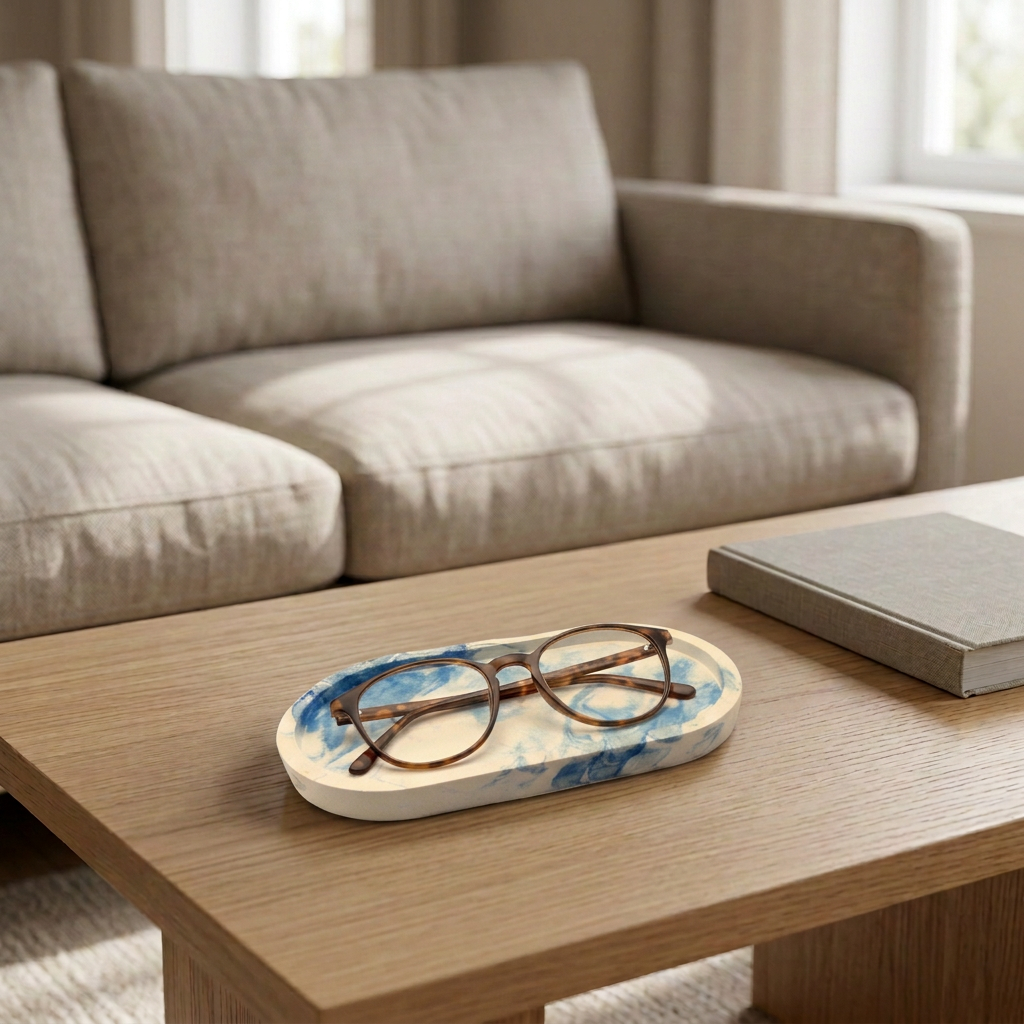 Smaller blue swirl tray with readers on the table