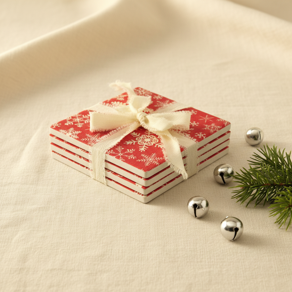 Snowflake Coasters Gift Stack on Linen