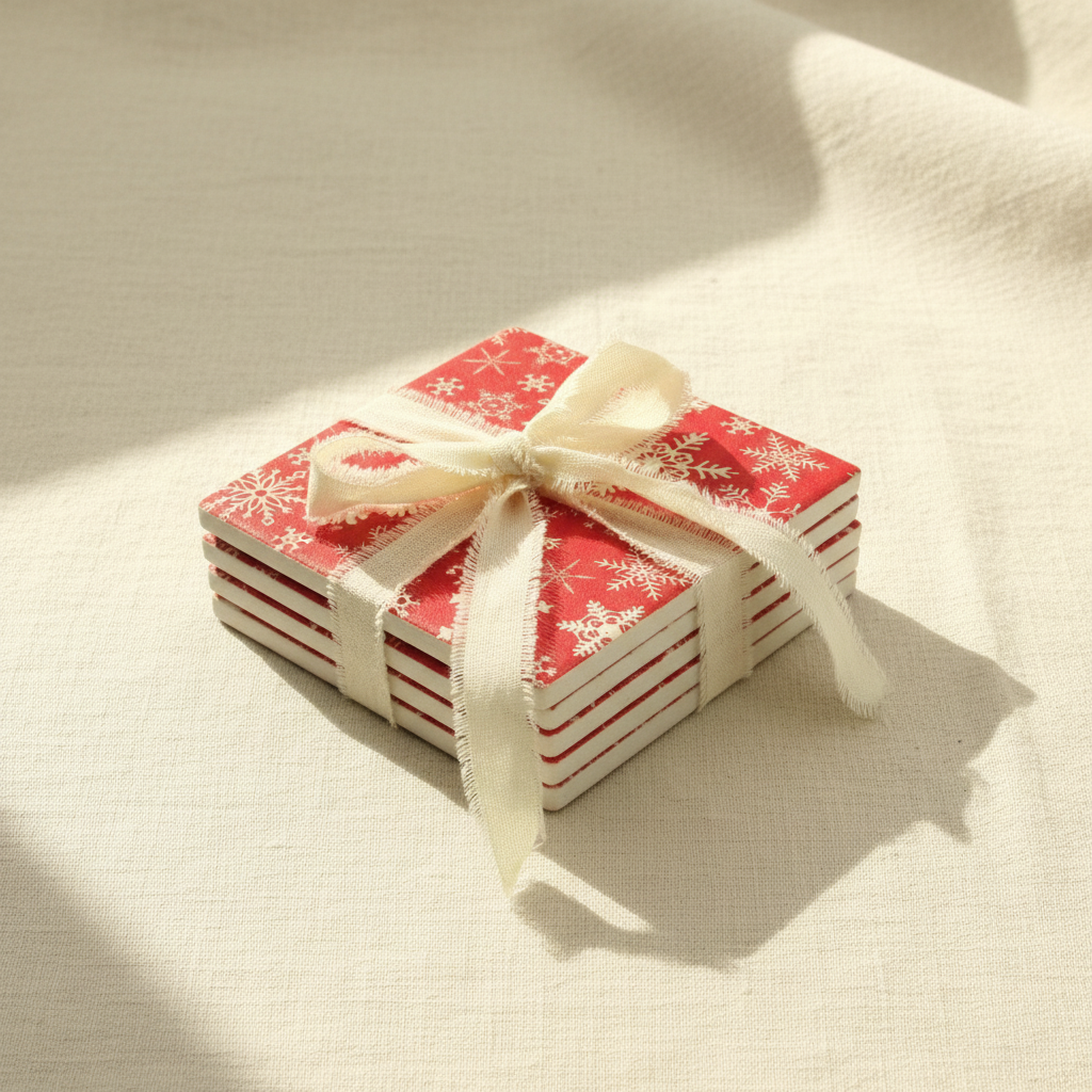Snowflake Coasters Gift Stack on Linen