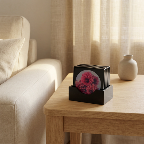 Square coaster set on an oak side table