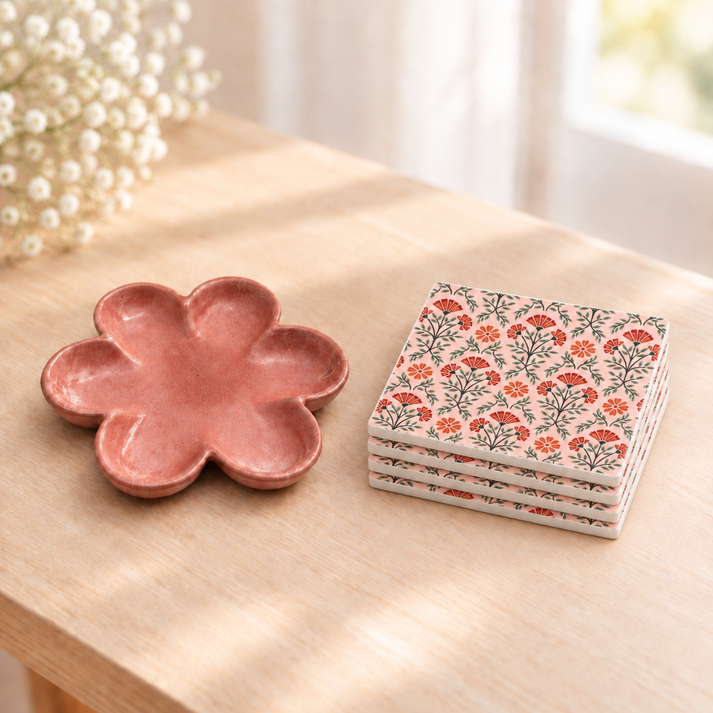 Square-cornered Dusty Rose Bloom coaster stack beside the flower dish