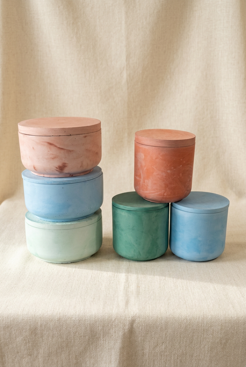 Stacked colorful bowls on a linen background