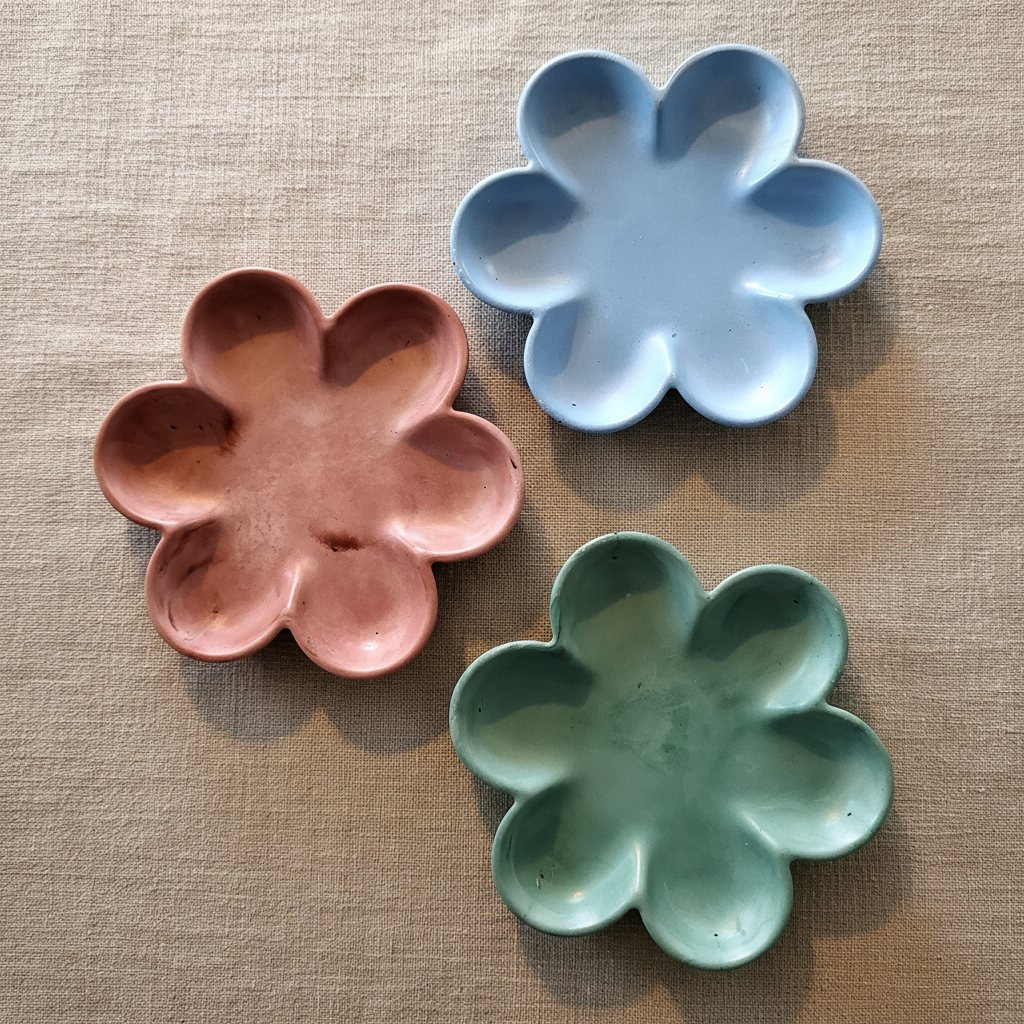 Three flower trinket dishes on linen