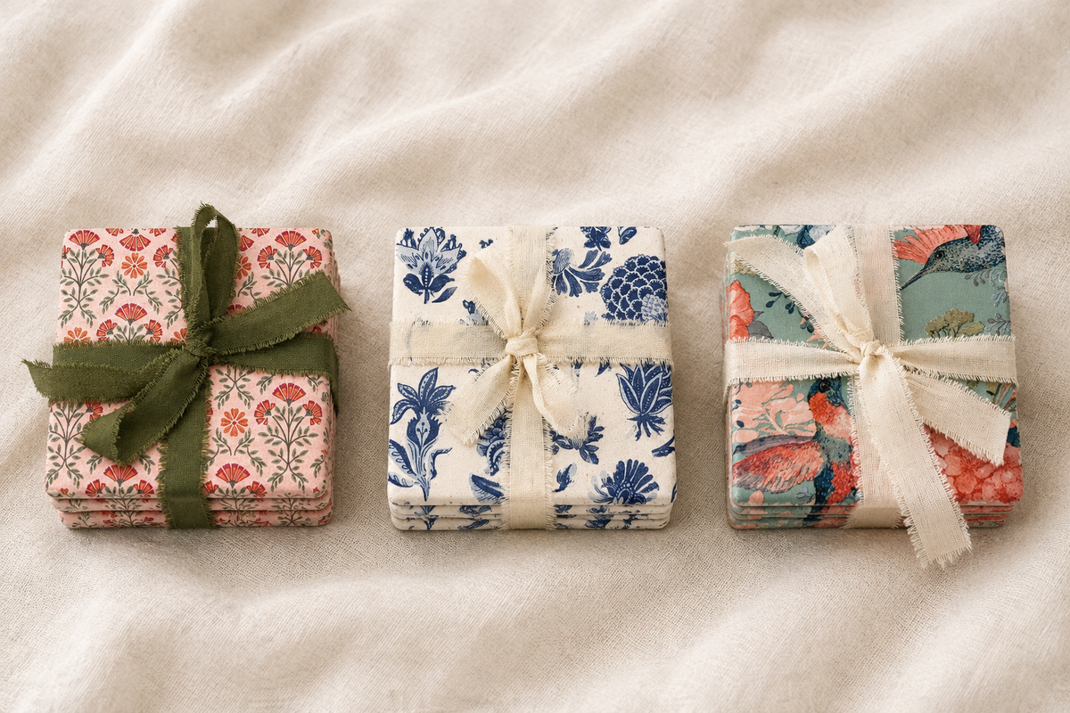 Three original ribbon-tied stacks of four coasters arranged on a soft ivory linen background