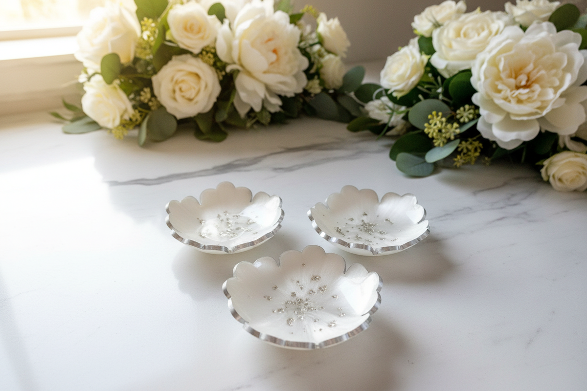 Wedding Flowers Kitchen Island - White & Silver Trinket Dishes