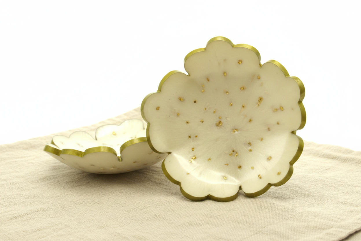 White Gold Trinket Dish - One Upright One Leaning Bright Background