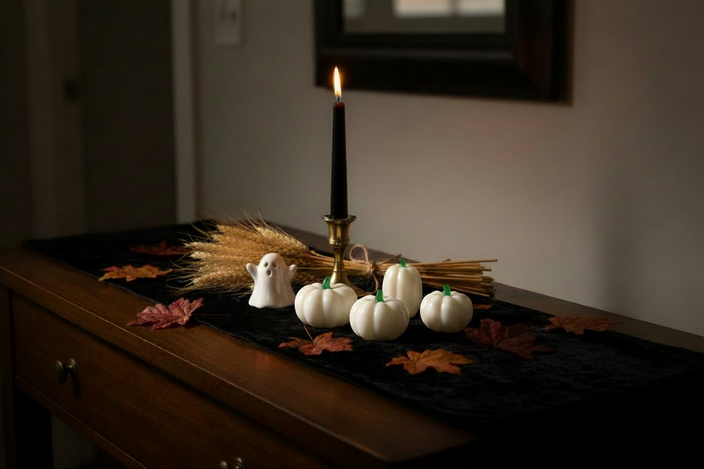 White Resin Pumpkins on Halloween Entryway Table