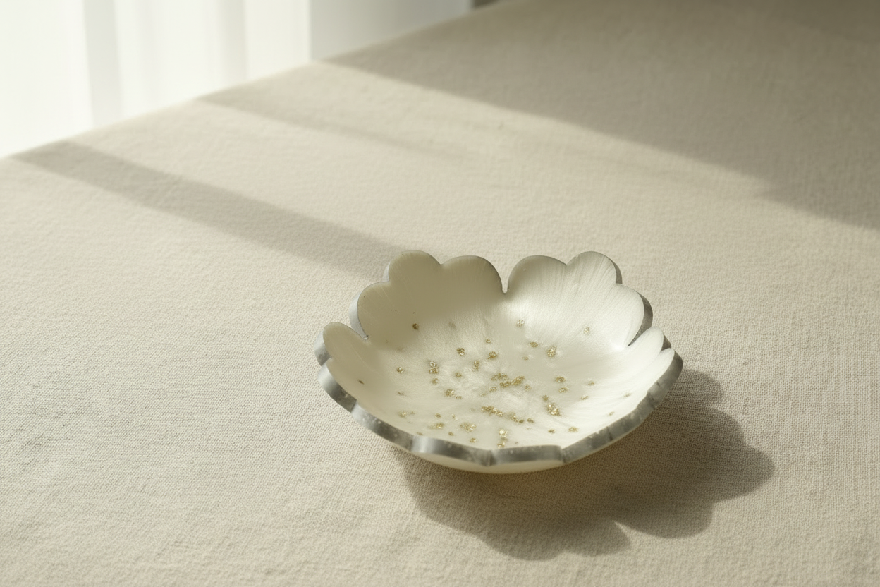 White silver glitter trinket dish on linen