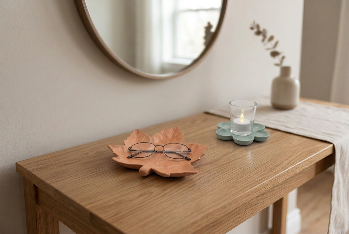 Wider entryway table with a smaller-looking leaf dish, readers, and sage candle display